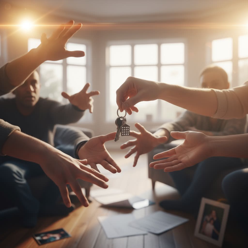 Multiple hands reaching for keys representing family agreement